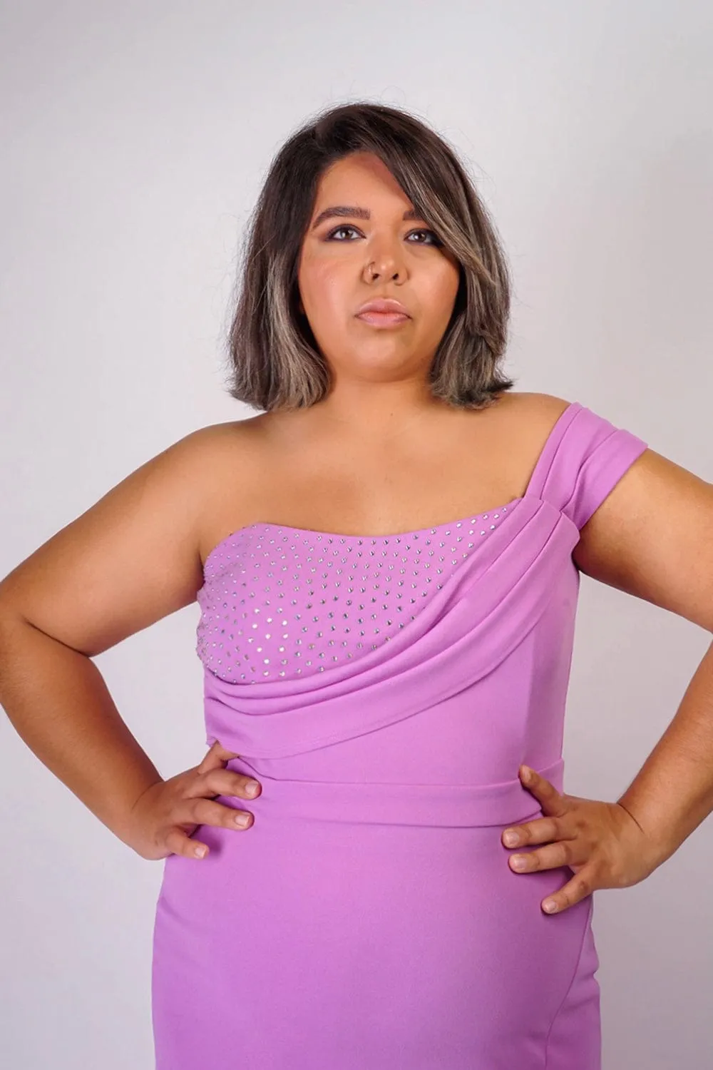 Plus Lavender One Shoulder Drape with Rhinestone Gown