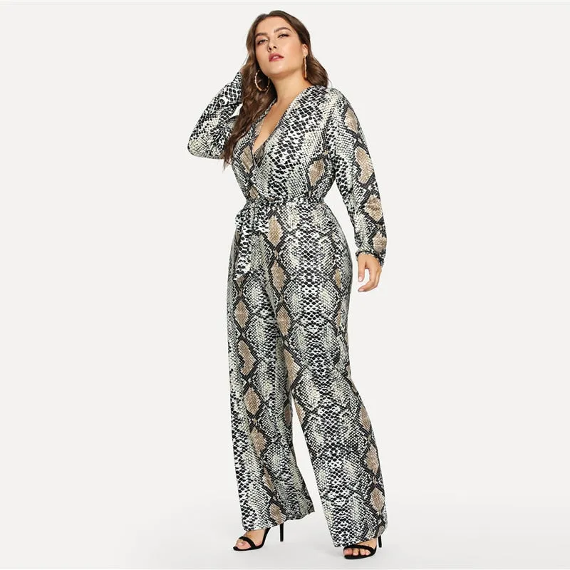 Plus Size Self Tie Snake Print Casual Jumpsuit Women