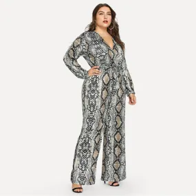 Plus Size Self Tie Snake Print Casual Jumpsuit Women