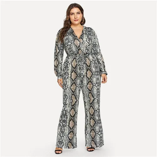 Plus Size Self Tie Snake Print Casual Jumpsuit Women