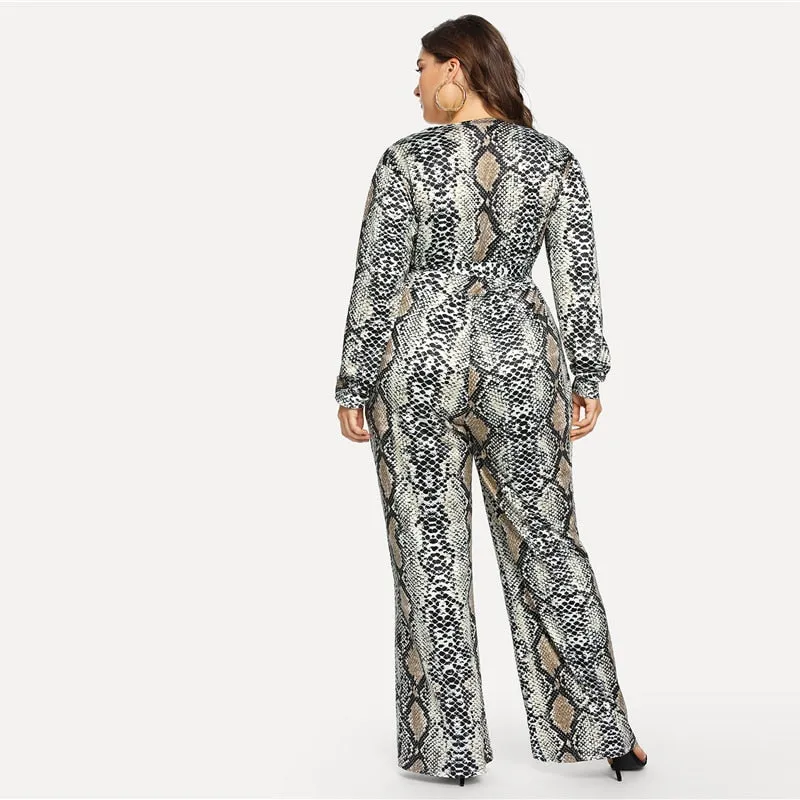 Plus Size Self Tie Snake Print Casual Jumpsuit Women
