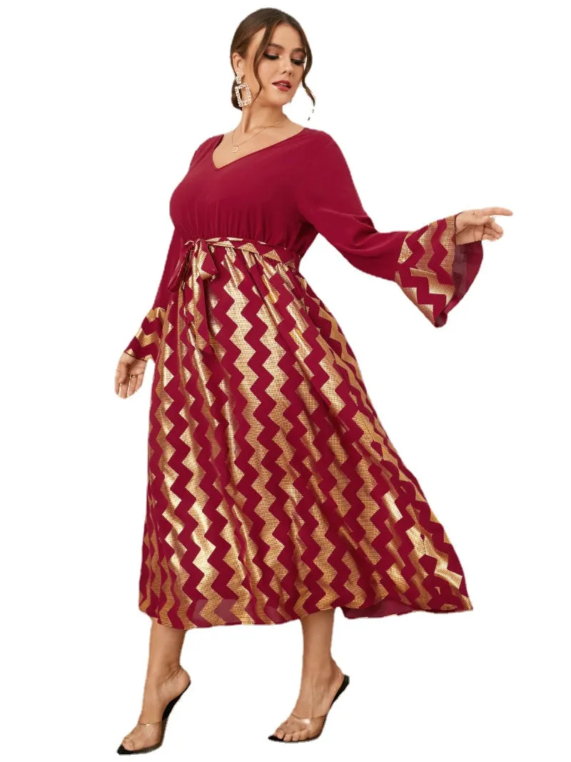 Plus Size V-neck Wave Belt Design Patchwork Dress