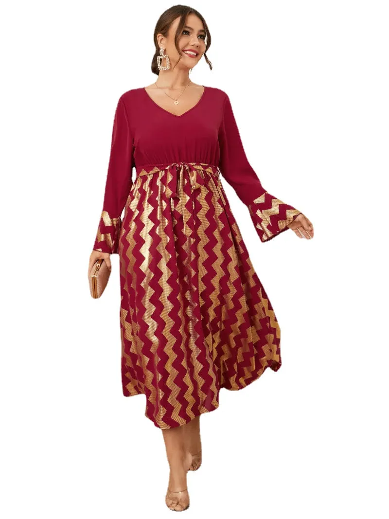 Plus Size V-neck Wave Belt Design Patchwork Dress