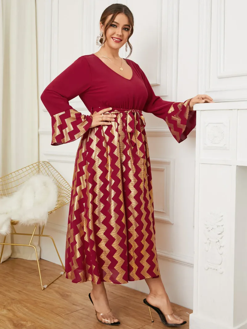 Plus Size V-neck Wave Belt Design Patchwork Dress