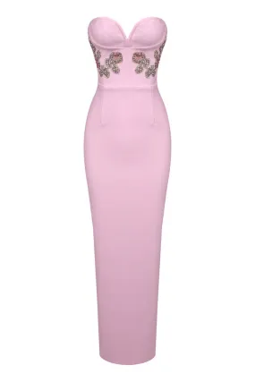 Refined Floral Rhinestone Beaded Sweetheart Strapless Evening Maxi Dress