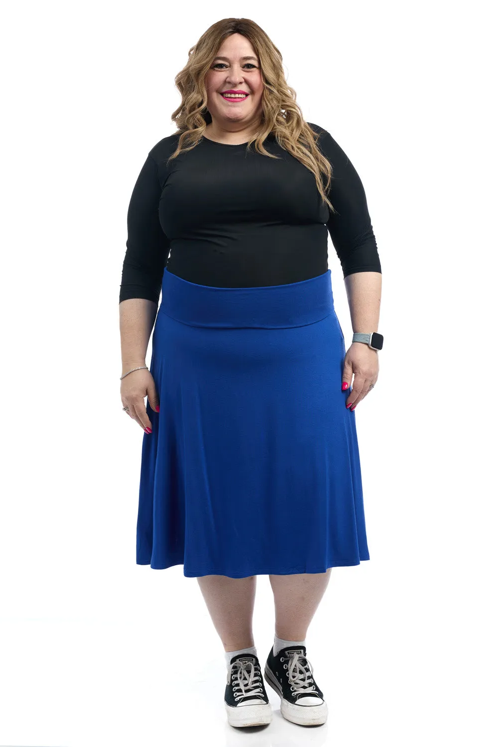 Royal Blue Below Knee Length Midi Fold Over Flary A-Line Skirt 'Playa'