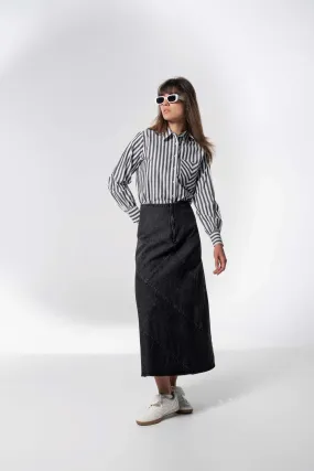 Seamed A-line Denim Skirt-Black