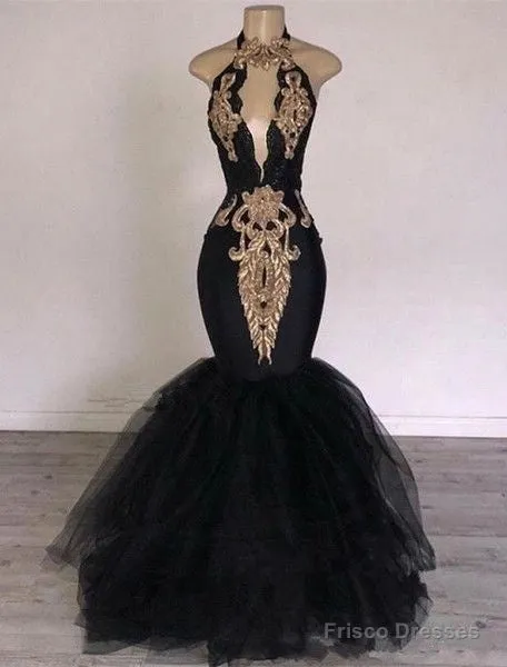 Sexy Black Halter Mermaid Long Prom Dresses  Keyhole Lace Gold Shiny Applique Beaded Floor Length Evening Party Gowns