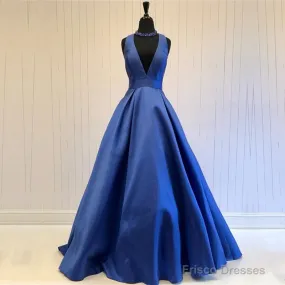 Sexy Deep V-Neck Long Satin Bow Back Evening Dresses Floor Length Prom Gowns