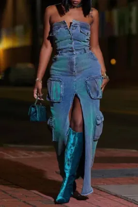 Sexy Strapless Blue Denim Cargo Maxi Dress