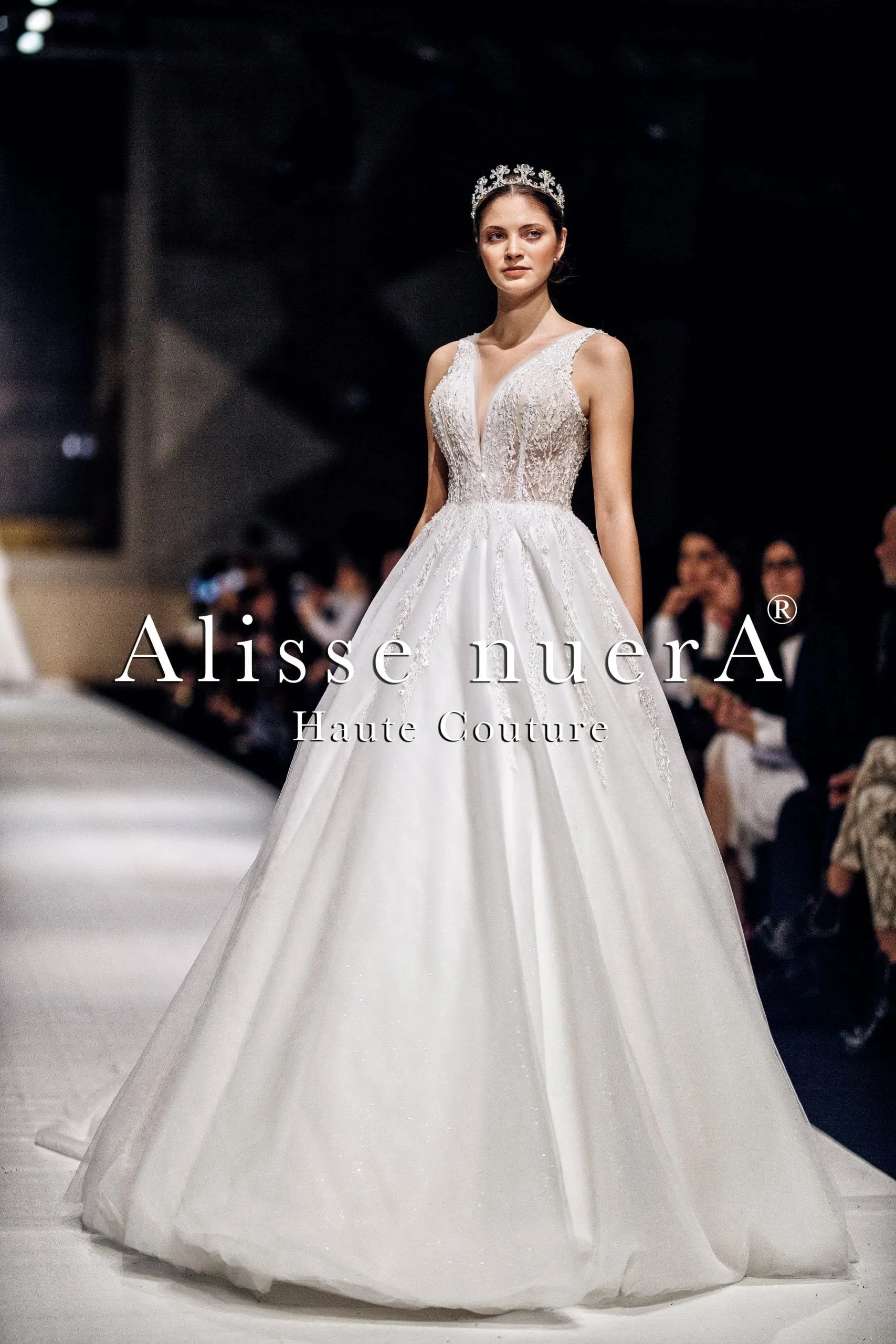 Sheer Top Shimmering Lace Scalloped Plunging A Line Wedding Dress