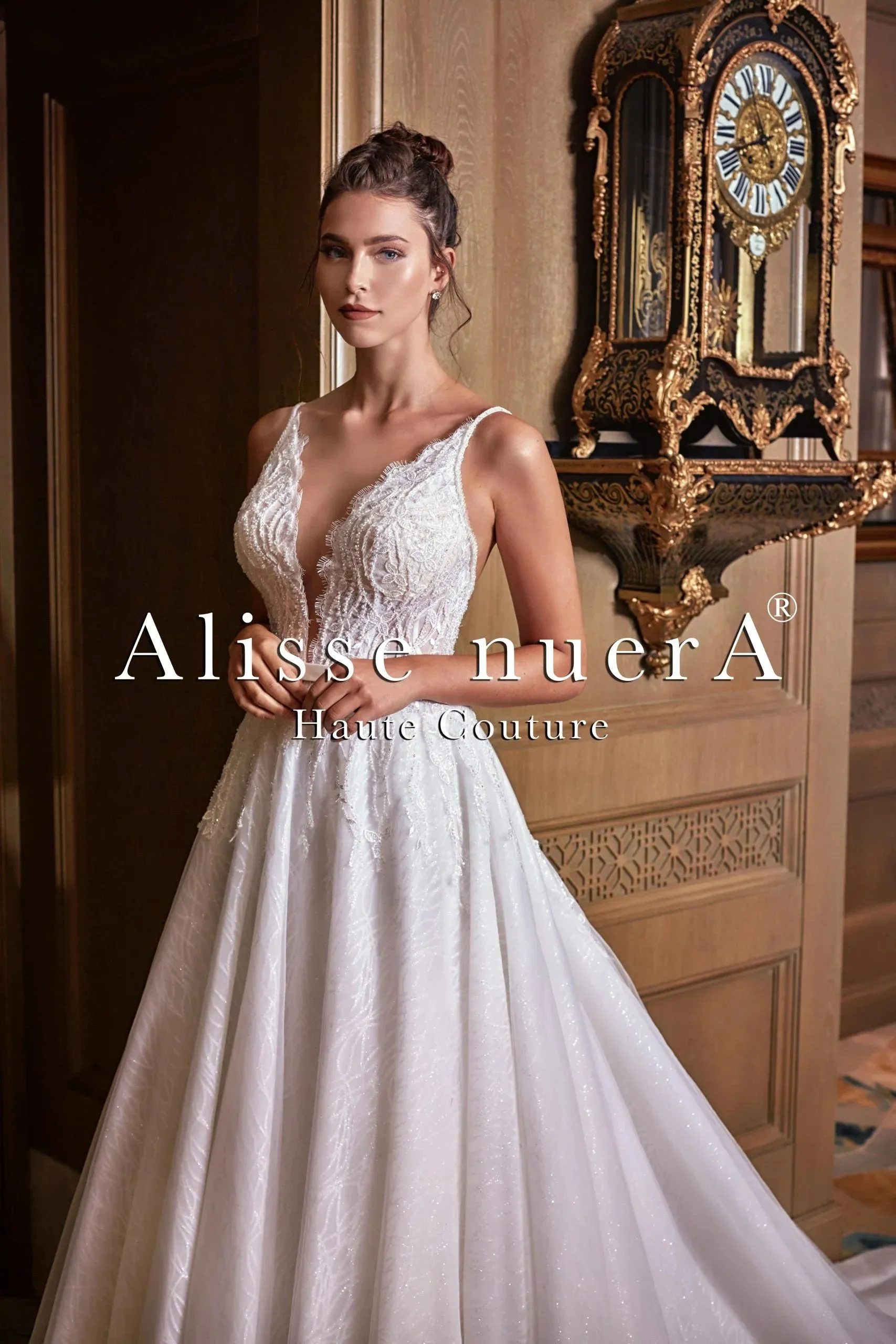 Shiny A Line Lace Bridal Dress with Sparkly Tulle Skirt