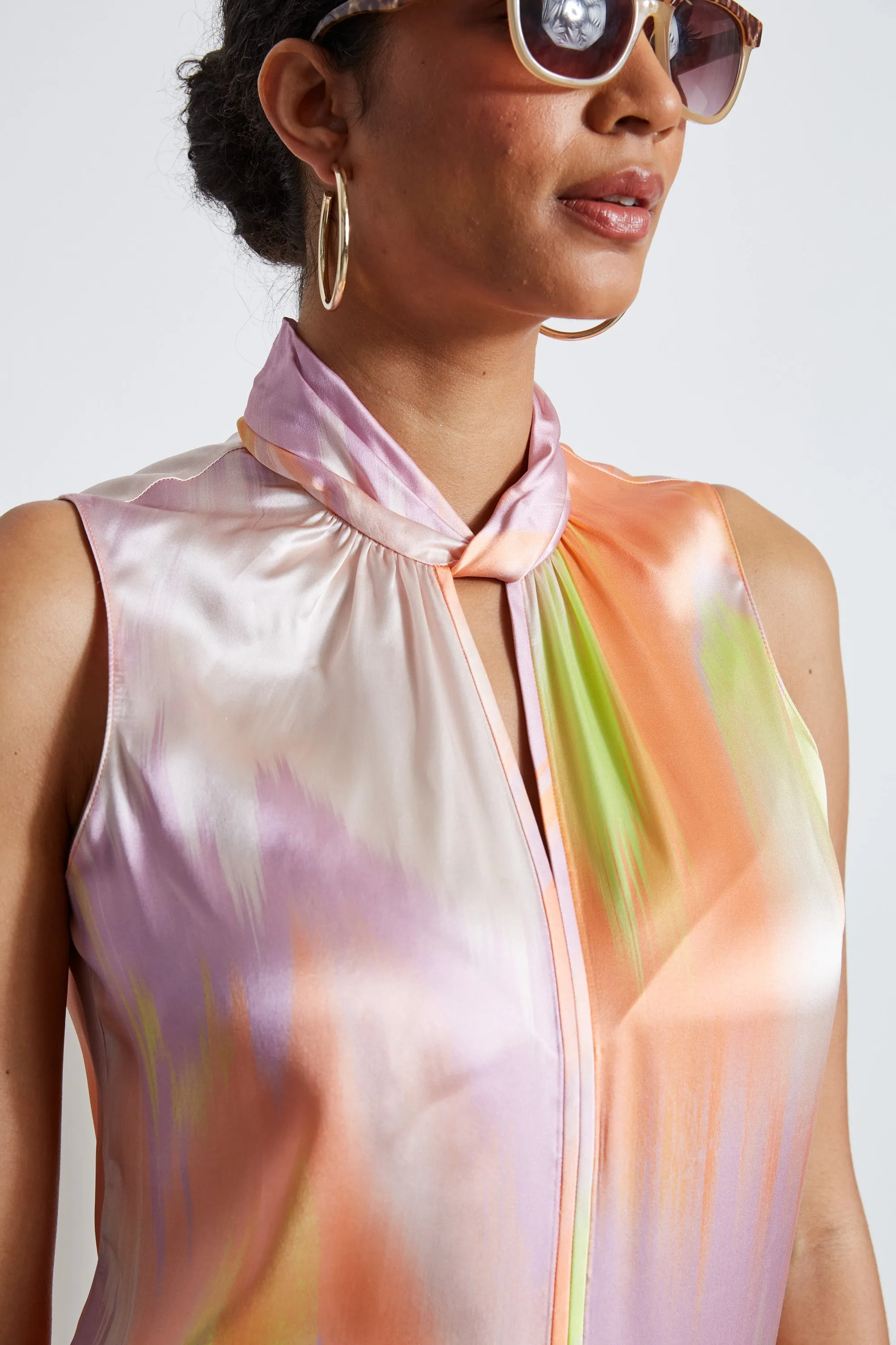 Silk Satin Sunrise Twist Neck Shirt