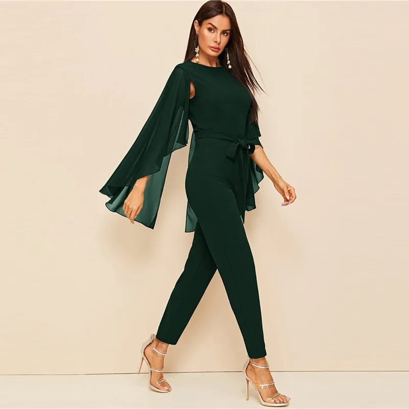 Solid Cloak Sleeve Belted Jumpsuit Green Long Sleeve Straight Leg Jumpsuits