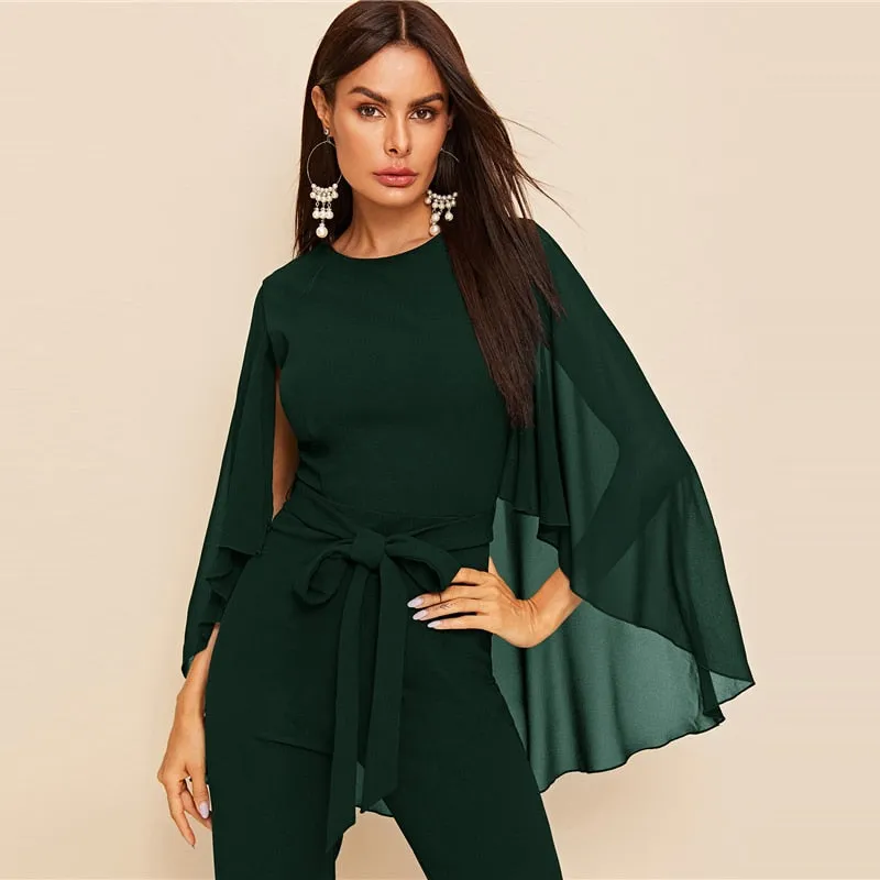 Solid Cloak Sleeve Belted Jumpsuit Green Long Sleeve Straight Leg Jumpsuits