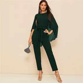 Solid Cloak Sleeve Belted Jumpsuit Green Long Sleeve Straight Leg Jumpsuits