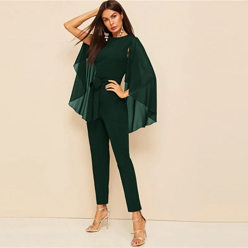 Solid Cloak Sleeve Belted Jumpsuit Green Long Sleeve Straight Leg Jumpsuits