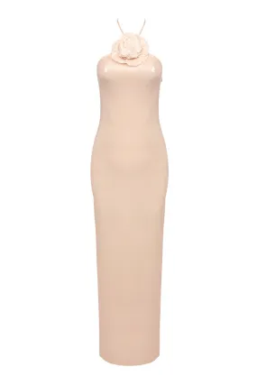 Sparkly Rosette Halter Sequin Embellished Split Sheath Evening Maxi Dress