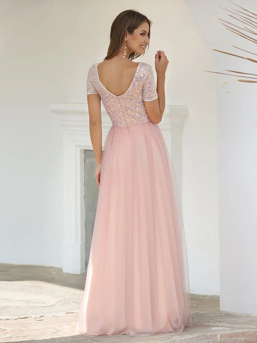 Sweet V Neck A-Line Tulle Bridesmaid Dress with Sequin