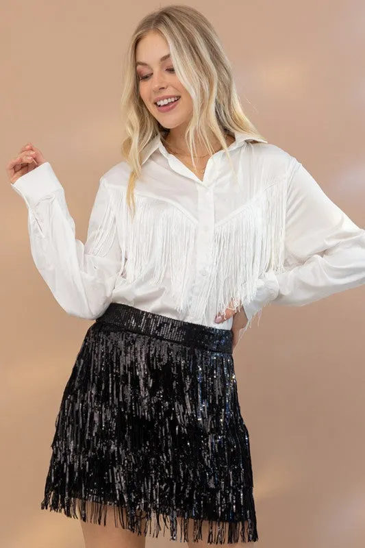 TEEK - Chevron Fringe Satin Blouse