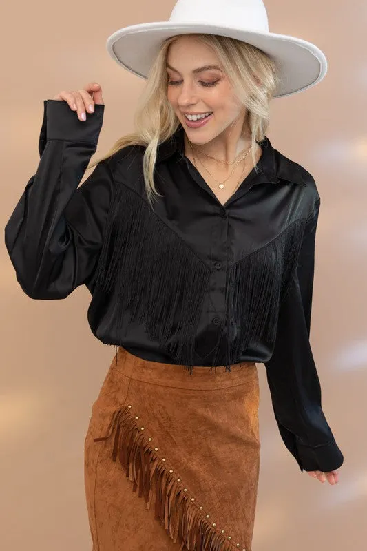 TEEK - Chevron Fringe Satin Blouse