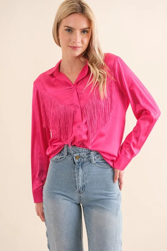 TEEK - Chevron Fringe Satin Blouse