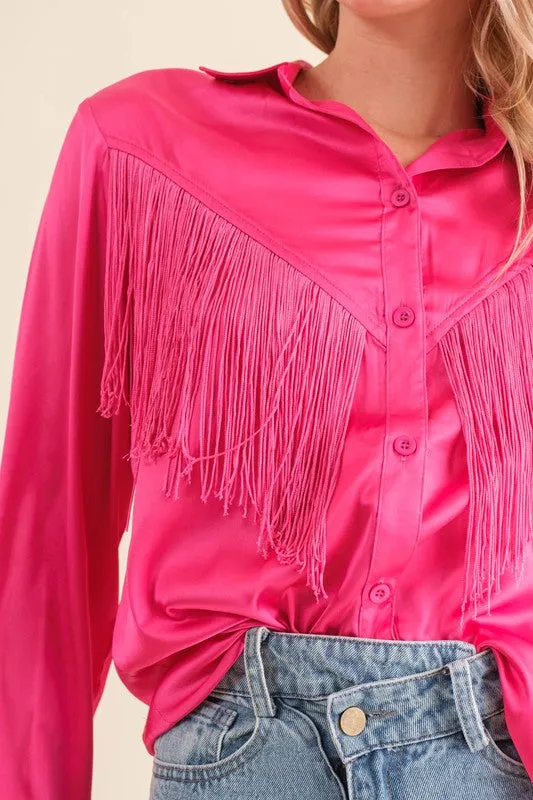TEEK - Chevron Fringe Satin Blouse