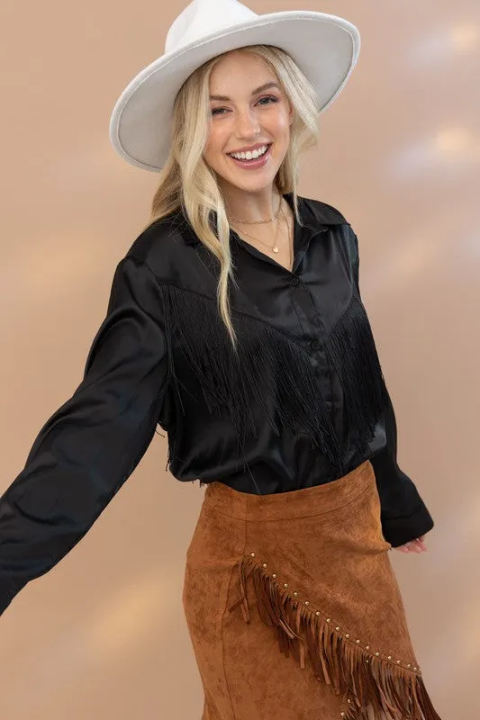 TEEK - Chevron Fringe Satin Blouse