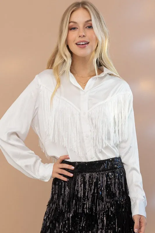 TEEK - Chevron Fringe Satin Blouse