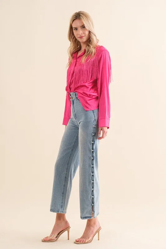 TEEK - Chevron Fringe Satin Blouse