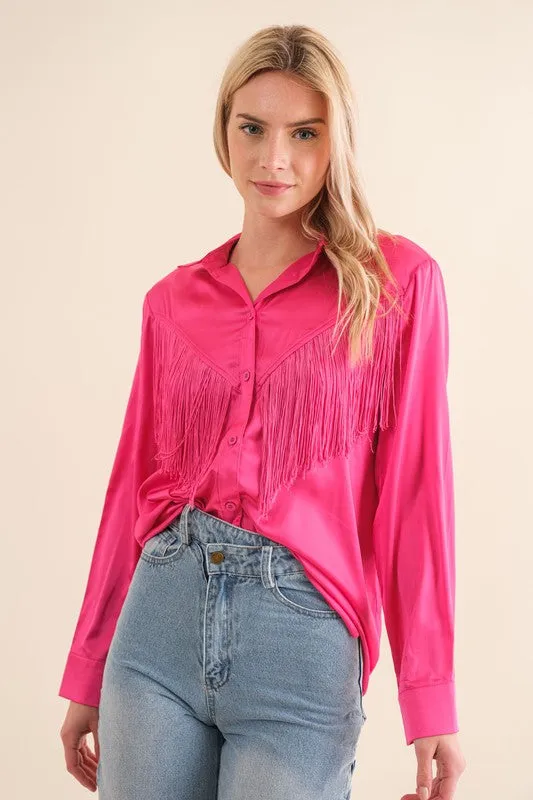 TEEK - Chevron Fringe Satin Blouse