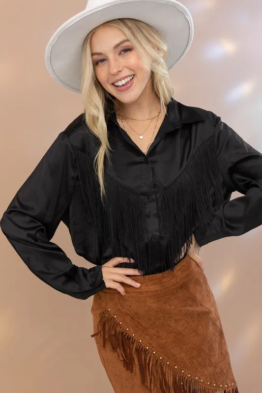 TEEK - Chevron Fringe Satin Blouse