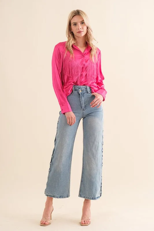 TEEK - Chevron Fringe Satin Blouse