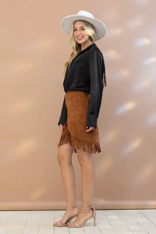 TEEK - Chevron Fringe Satin Blouse