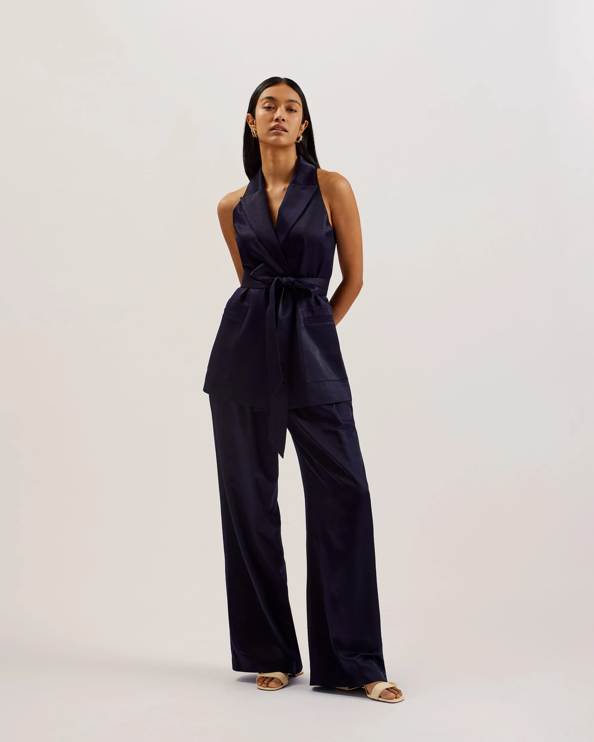Teeru Satin Belted Longline Waistcoat Navy