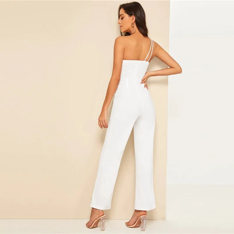White Double Strappy One Shoulder Wide Leg Jumpsuit