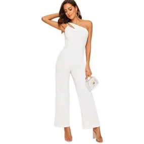 White Double Strappy One Shoulder Wide Leg Jumpsuit