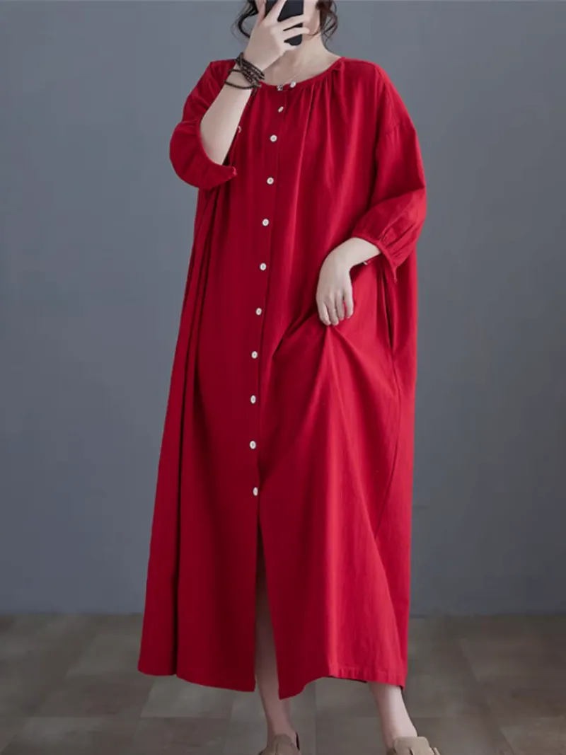 Women's Cool Button-Up Side Pockets A-Line Shirt dress