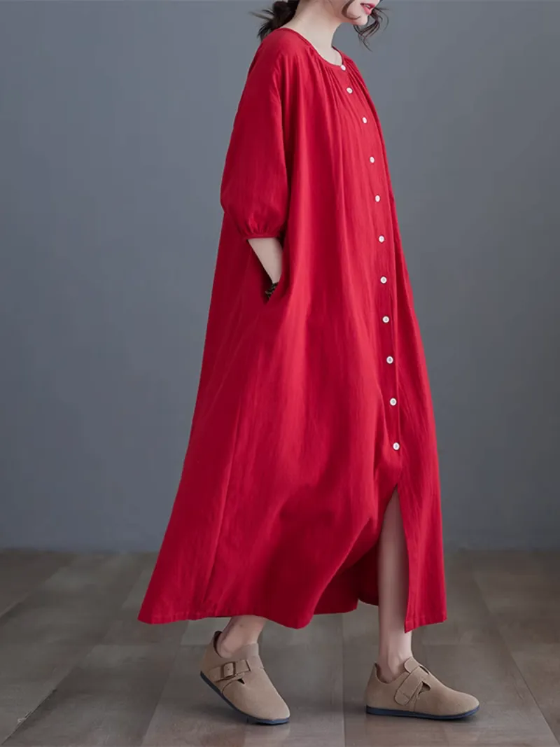 Women's Cool Button-Up Side Pockets A-Line Shirt dress