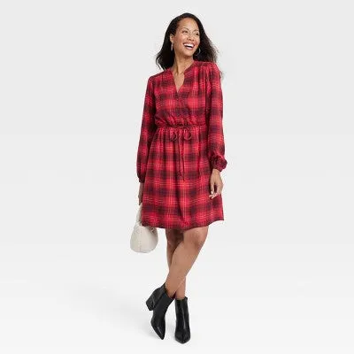 Women's Long Sleeve Plaid A-Line Dress - Knox Rose Red S