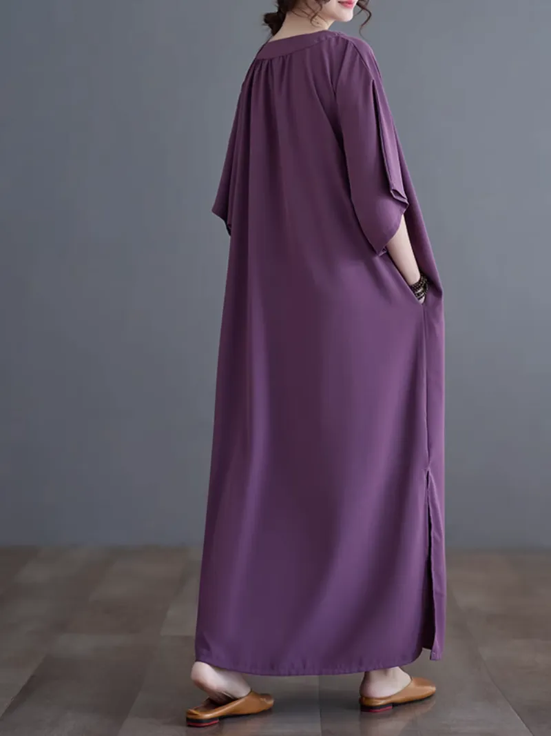 Women's Relaxed Style Loose Side Pockets A-Line Shirt Dress
