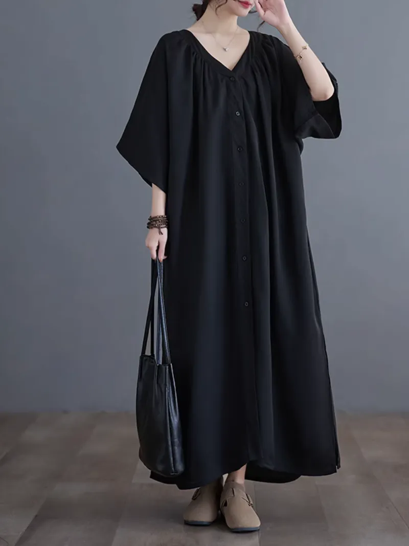 Women's Relaxed Style Loose Side Pockets A-Line Shirt Dress