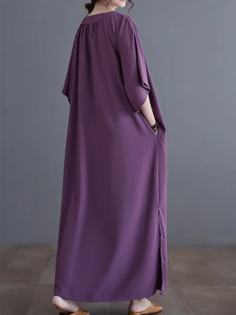 Women's Relaxed Style Loose Side Pockets A-Line Shirt Dress