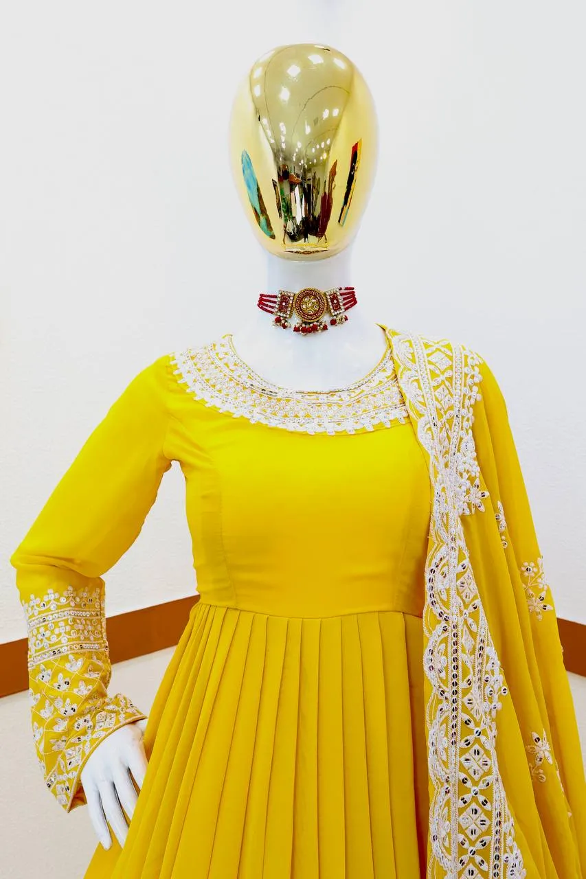 Yellow Fox Georgette Sequin Embroidered Gown with Flowing Skirt and Matching Dupatta